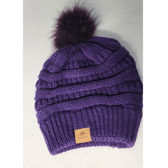 URATOT Purple Knit Beanie Hat Winter Warm Knit Cuffed Pom Pom Cap - Picture 2 of 5